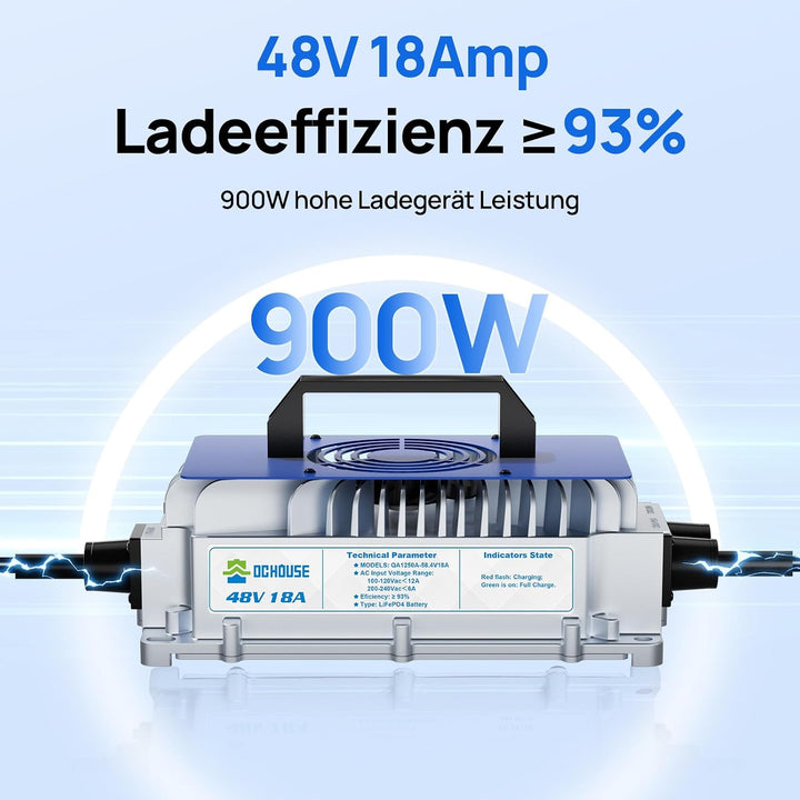 DCHOUSE 18A 48V LiFePO4 Batterieladegerät, 48V Lithium Batterieladegerät 900W Wasserdicht Anti-Fall