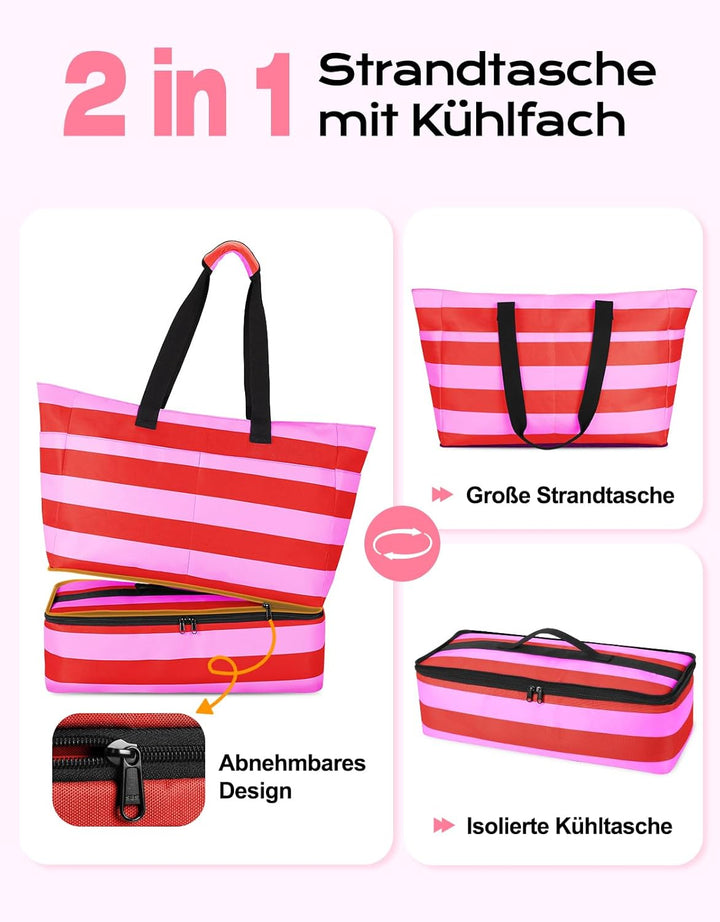 CIRYCASE Strandtasche XXL Familie mit Kühlfach, 54L Grosse Badetasche Strandtasche mit Reissverschlu