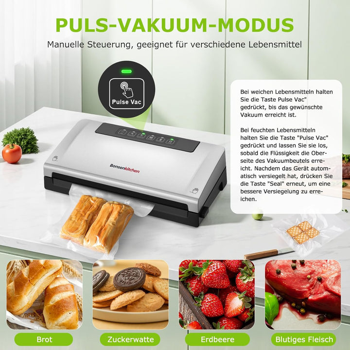 Bonsenkitchen Vakuumiergerät, 5-Modus-Vakuumierer mit Cutter und Rollenbeutelaufbewahrung, für Konti