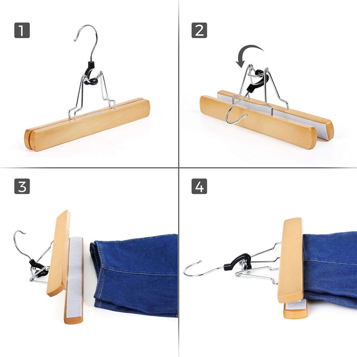 SONGMICS Hosenspanner, 12 Stück, Kleiderbügel aus Holz, Hosenbügel, rutschfest, verchromter Haken, u
