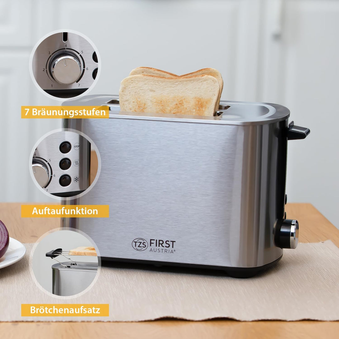TZS First Austria Toaster | Edelstahl | 2 Scheiben | 850W | 7 Stufen | Warmhaltefunktion | abnehmbar