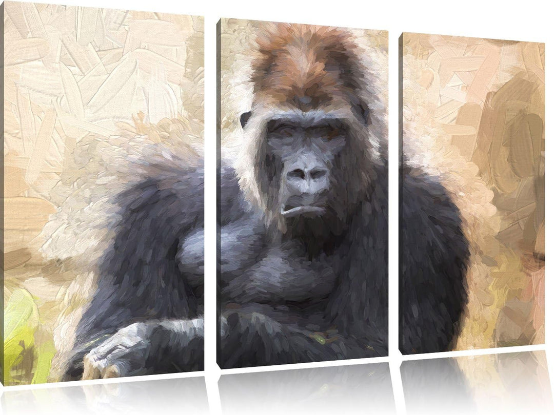 Pixxprint gelangweilter Gorilla Kunst als Leinwandbild/Grösse: 3 Teilig (120x80) / Wandbild/Kunstdru