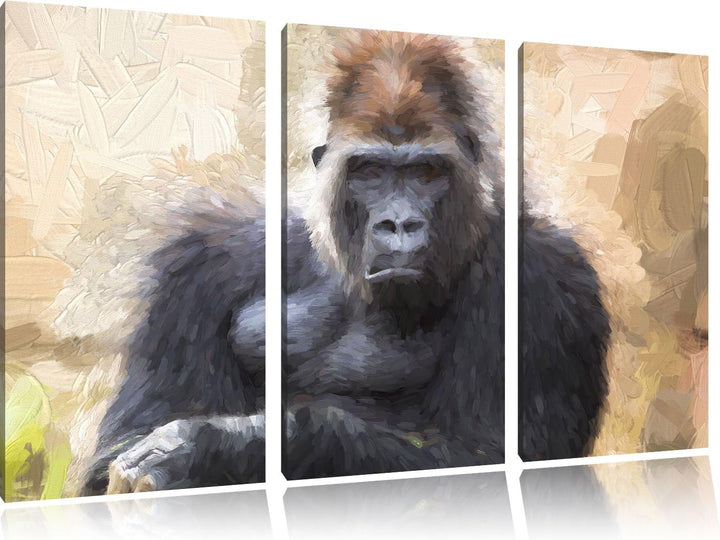 Pixxprint gelangweilter Gorilla Kunst als Leinwandbild/Grösse: 3 Teilig (120x80) / Wandbild/Kunstdru