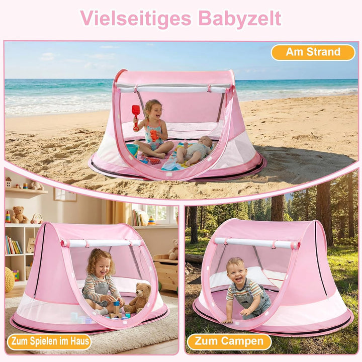 Strandmuschel Baby uv Schutz 50, Pop up Strandzelt als Sonnenschutz für den Strand, 360° Moskitonetz