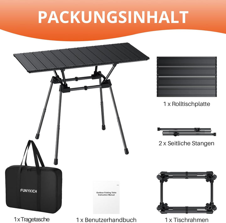 FUNYKICH Campingtisch Klappbar 89 x 40cm,Picniktisch mit 4 Höhenverstellbar, Aluminium Aufrollbare T