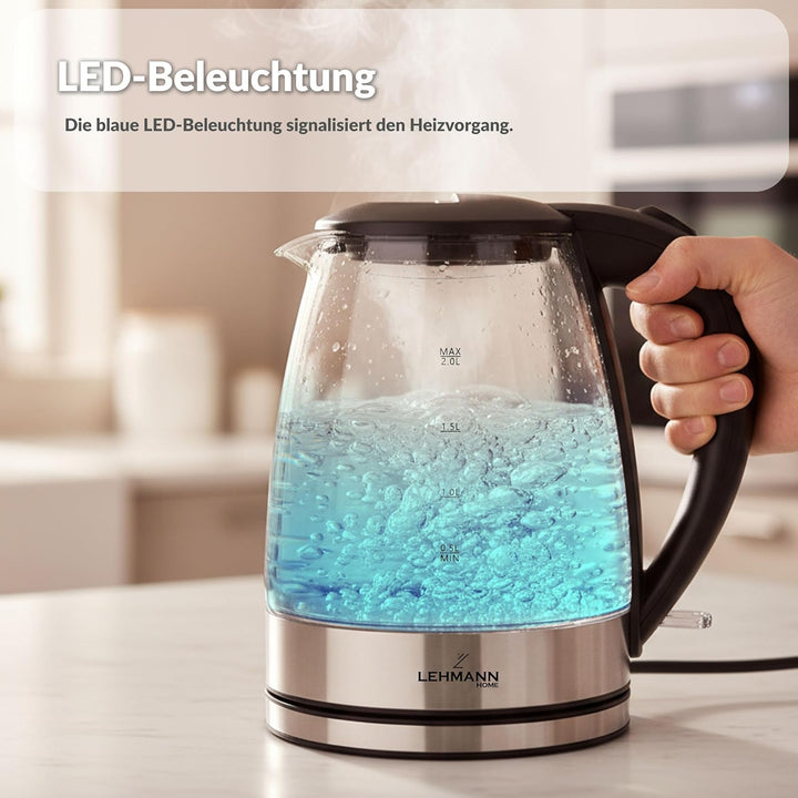 Lehmann LHOEK-2220 Glas Wasserkocher 2 Liter, 2200W, elektrischer Wasserkocher aus Glas mit LED-Hint