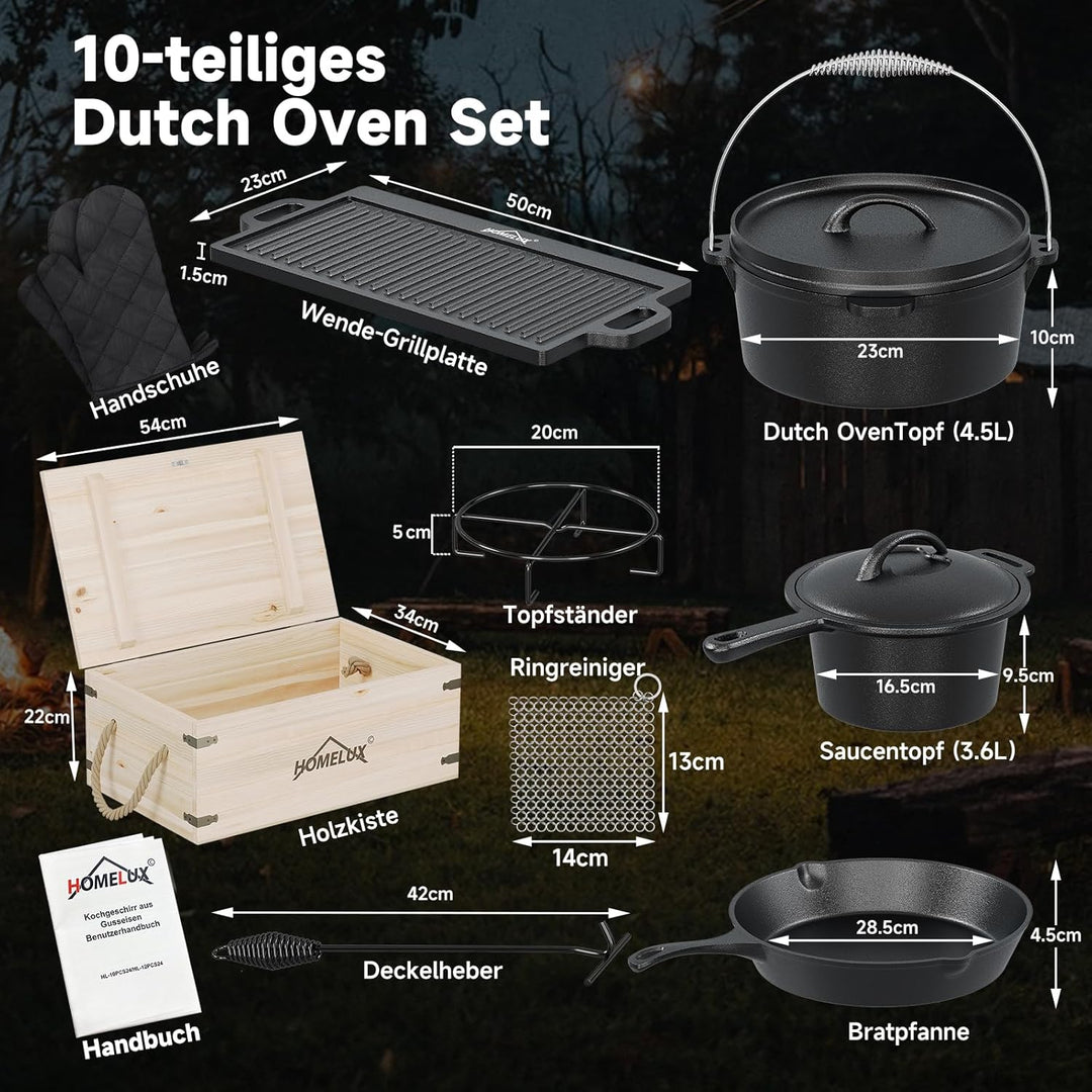 HOMELUX 10-teilig Dutch Oven Set in Holzkiste mit 4,5L Dutch Oven Topf &amp; 3,6L Saucier – Inkl. Grillp