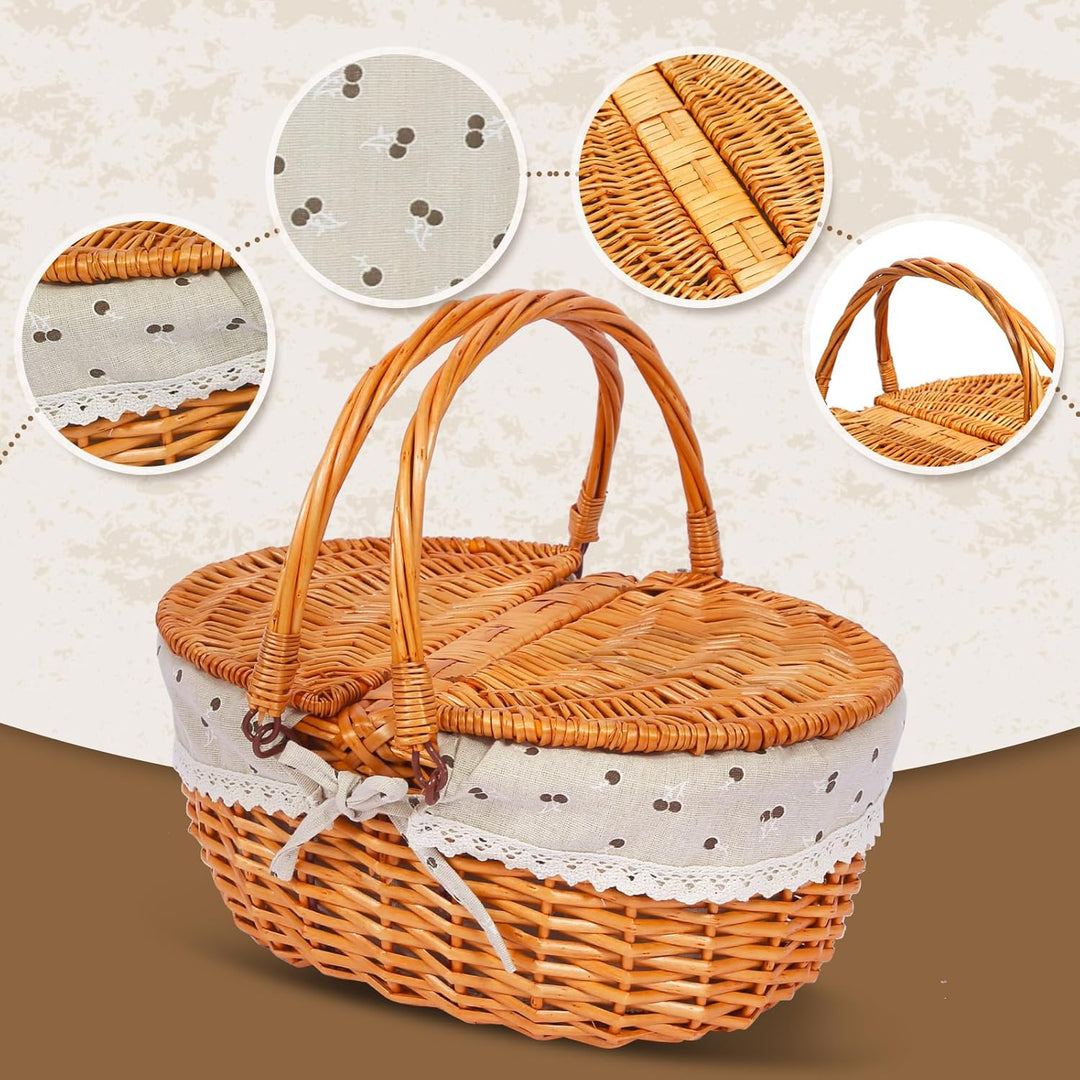 Picknickkorb-Set aus Weide für 4 Personen mit Deckel und Griff. Picknickkorb mit waschbarem Futter u