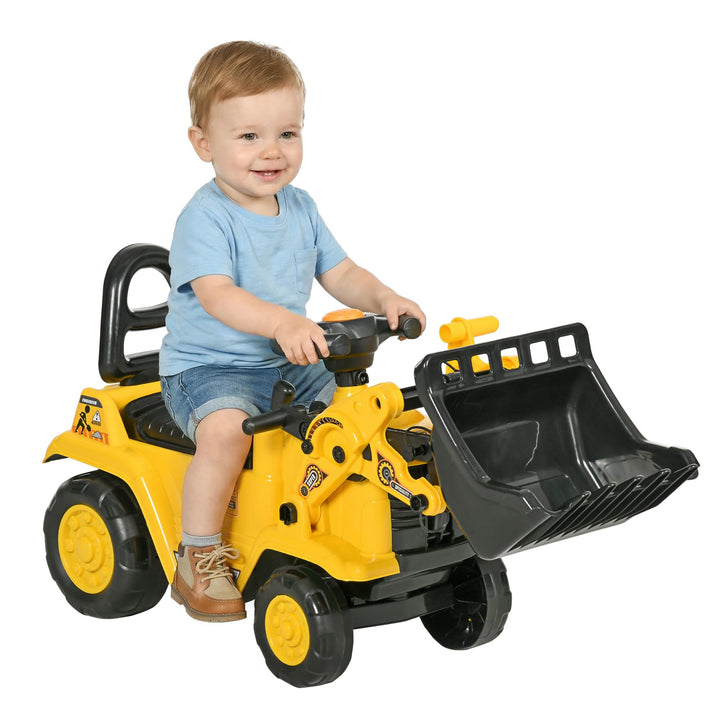 HOMCOM Sitzbagger mit eingebautem Ablagefach Kinder Rutschauto Traktor Kinderbagger mit Hupe Rutsche