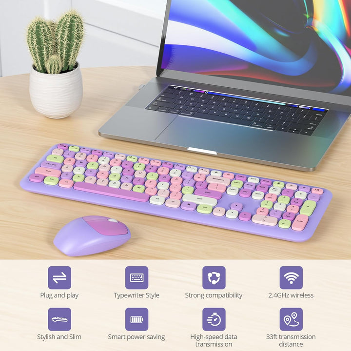 Tastatur und Maus Kabellos, Retro Bunt Tastatur Funktastatur mit Stille Mouse Amerikanisch QWERTY, C