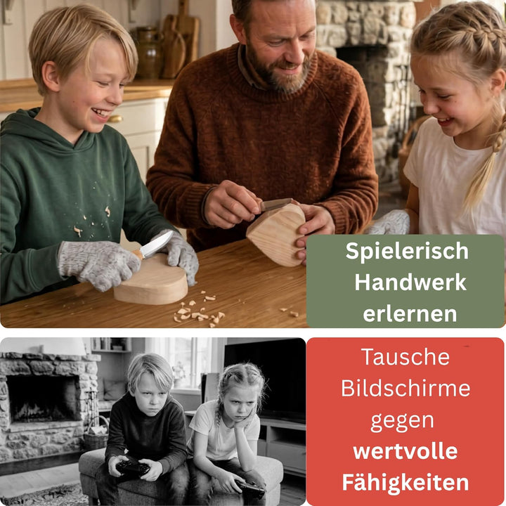 Eli® Schnitzmesser Kinder Set ab 6 Jahre inkl. Schnitzholz und schnittfeste Handschuhe - hochwertige