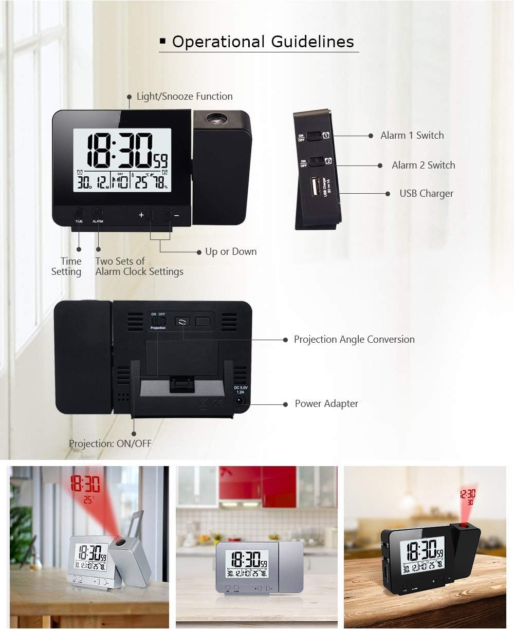 VORRINC Projektionswecker Digital Uhr mit USB Anschluss, Innentemperaturanzeige und Datumsanzeige, 4