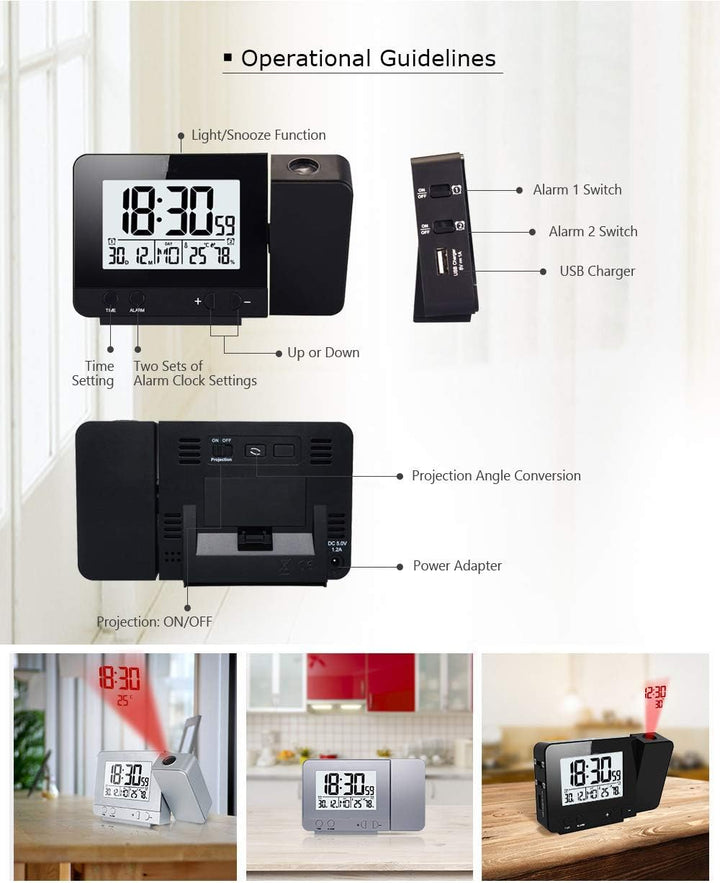 VORRINC Projektionswecker Digital Uhr mit USB Anschluss, Innentemperaturanzeige und Datumsanzeige, 4