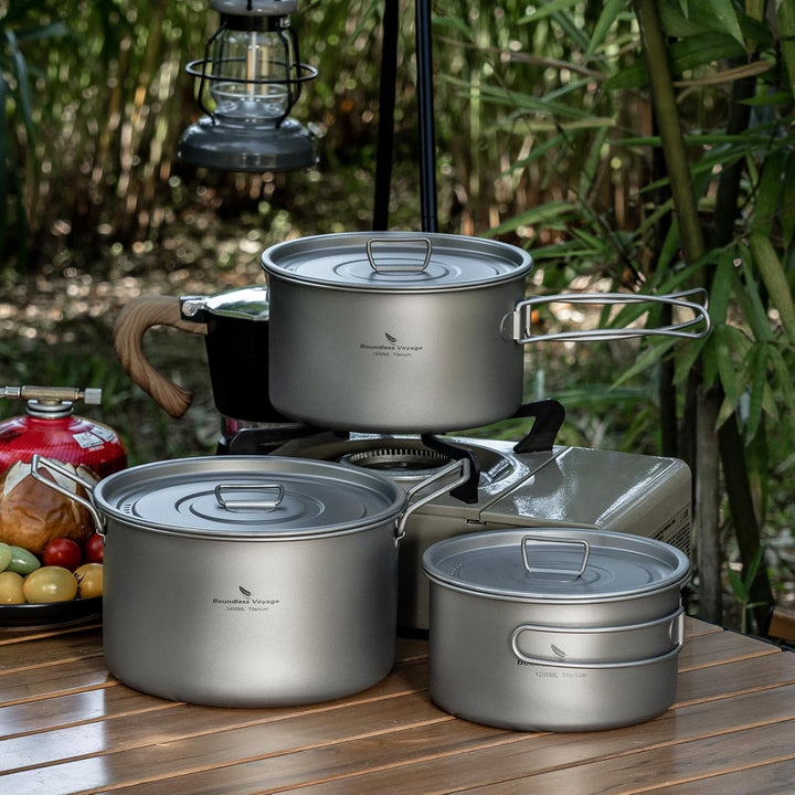 iBasingo Camping Titan Kochtopf mit Deckel Klappgriff Ultraleicht Outdoor Kochgeschirr Metall Saucen