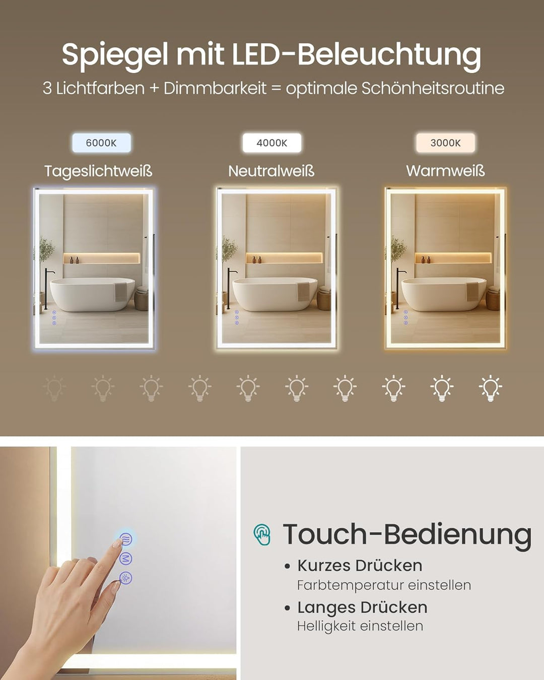 SONGMICS Badspiegel mit Beleuchtung, Spiegel rechteckig, Wandspiegel, Badezimmerspiegel Antibeschlag