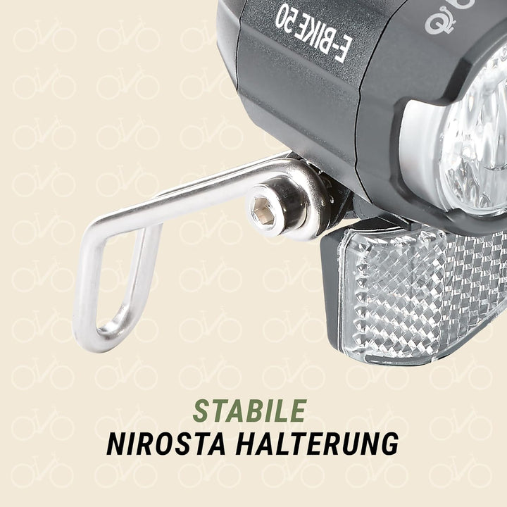 Prophete Fahrrad LED-Scheinwerfer – 50 Lux, für E-Bikes (6-48V), mit beleuchtetem Logo, seitlicher S