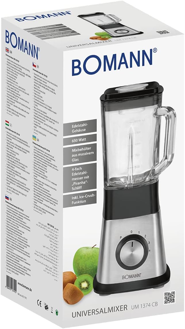 Bomann UM 1374 CB Universalmixer, 4-fach Edelstahlmesser mit „Piranha“-Schliff, Kraftvoller 650 Watt