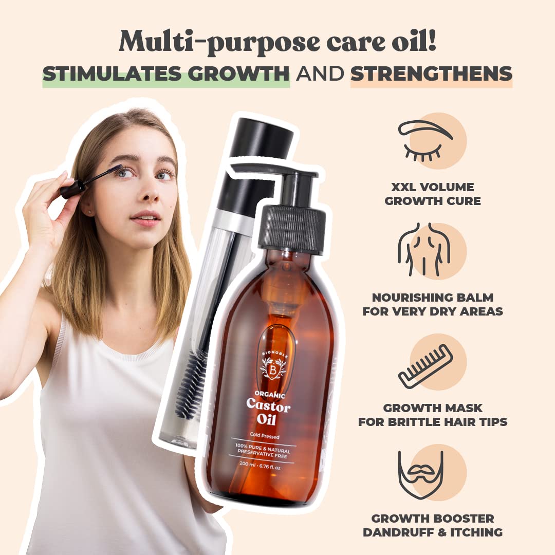 Bionoble Rizinusöl Bio 200ml & Jojobaöl Bio 50ml - 100% Rein, Natürlich und Kaltgepresst - Gesicht,
