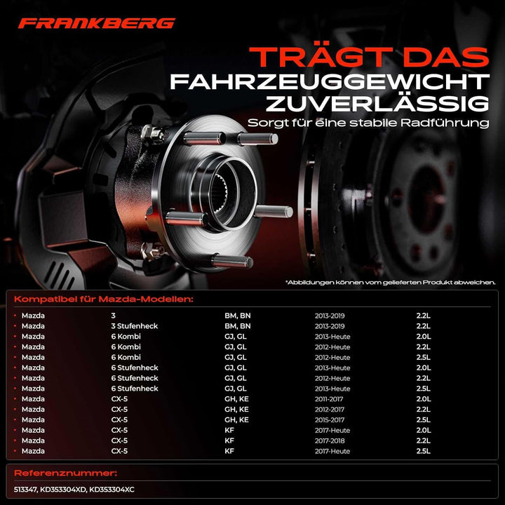 Frankberg 1x Radnabe Radlagersatz Vorne Links oder Rechts Kompatibel mit 3 BM 2.2L Schrägheck 2013-2