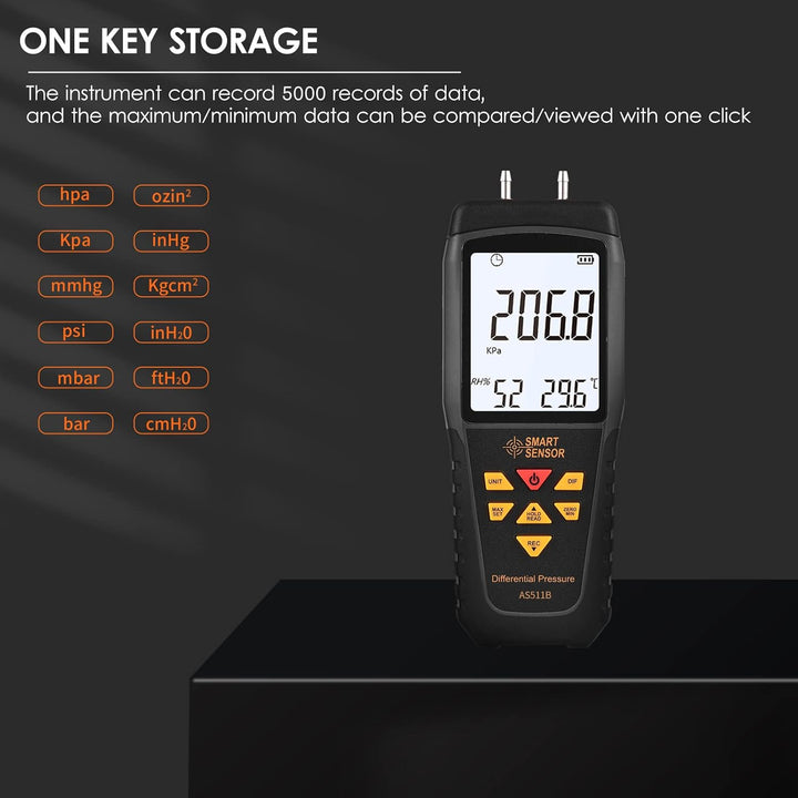 KKnoon AS511B Digitales Differenzdruckmessgerät -206,8~206,8 KPA Manometer Luftgasdruckprüfgerät mit