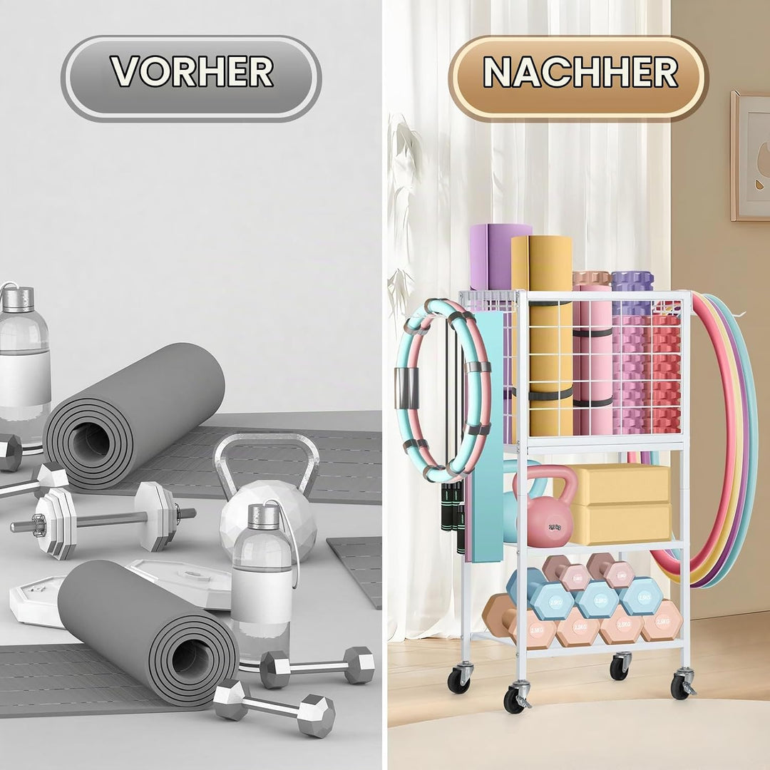 CADUKE Hantelständer, Yogamatte Aufbewahrung mit Rädern und Haken, multifunktionaler Kurzhantelständ