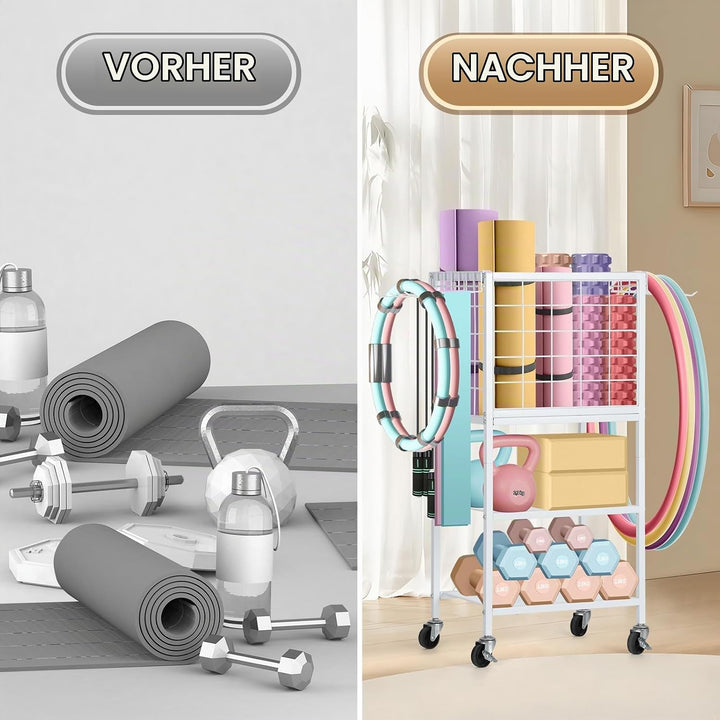 CADUKE Hantelständer, Yogamatte Aufbewahrung mit Rädern und Haken, multifunktionaler Kurzhantelständ