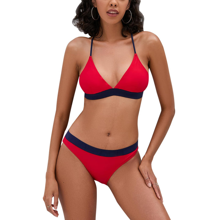 Damen Bikini Set, Triangel, breites Unterbrustband, Bademode, Badeanzug 38 Rot + Blau, 38 Rot + Blau