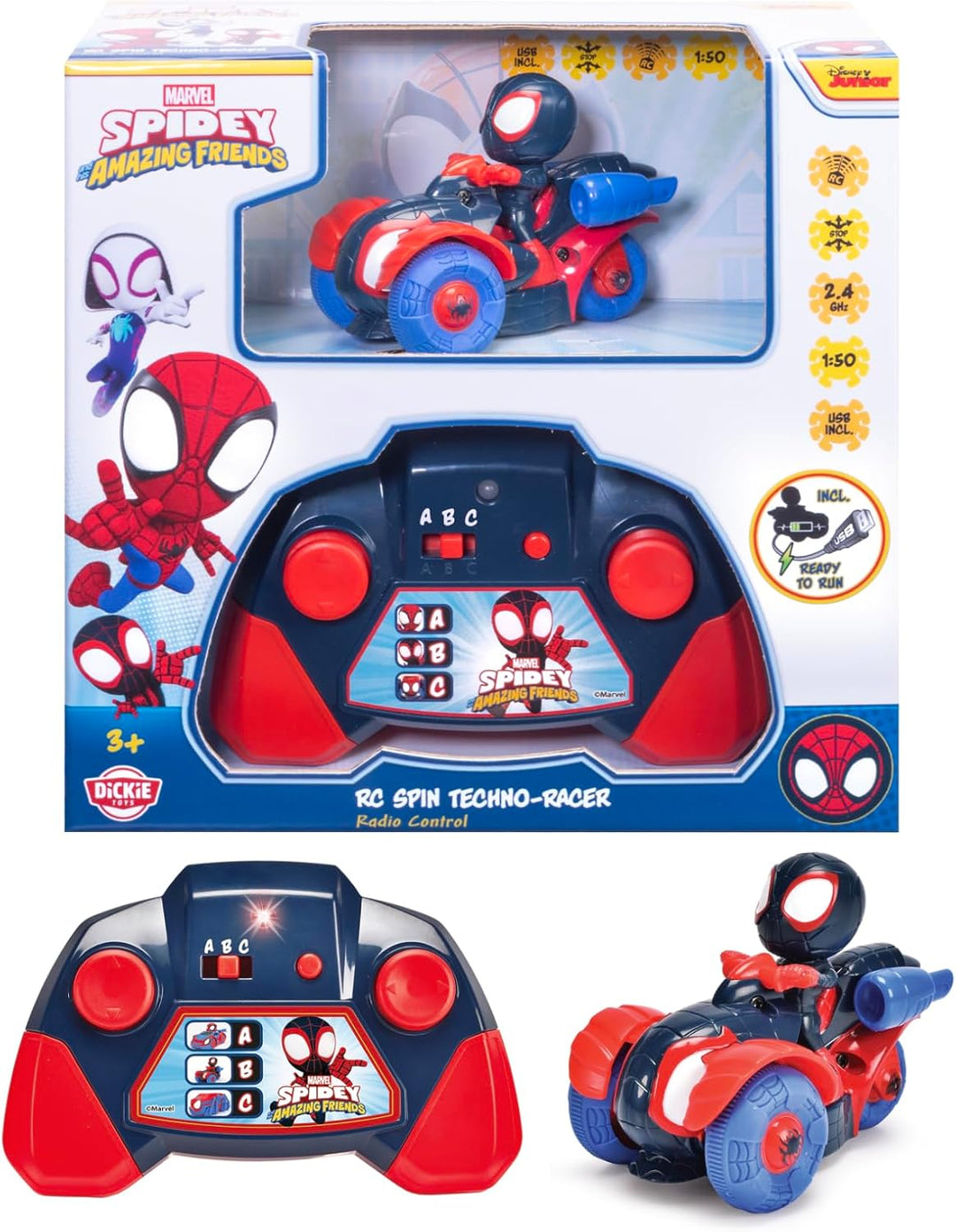 Dickie Toys RC Auto RC Spin Techno-Racer mit Miles Morales (8 cm) - ferngesteuertes Spielzeugauto fü