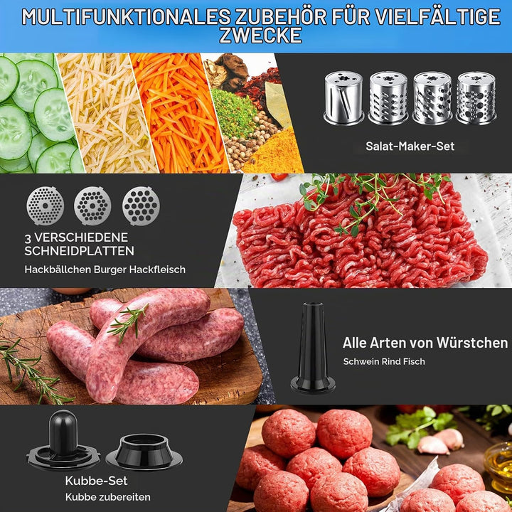 COOCHEER Fleischwolf Elektrisch 5 in 1 Multi Küchenmaschine Fleischzerkleinerer Wurstmaschine Edelst