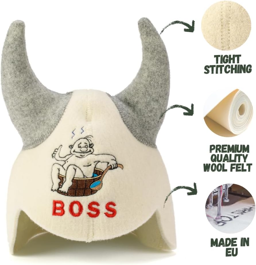 Natural Textile Saunahut 'Sauna Boss Devil' White Wollfilzmützen - Schützen Sie Ihren Kopf vor Hitze