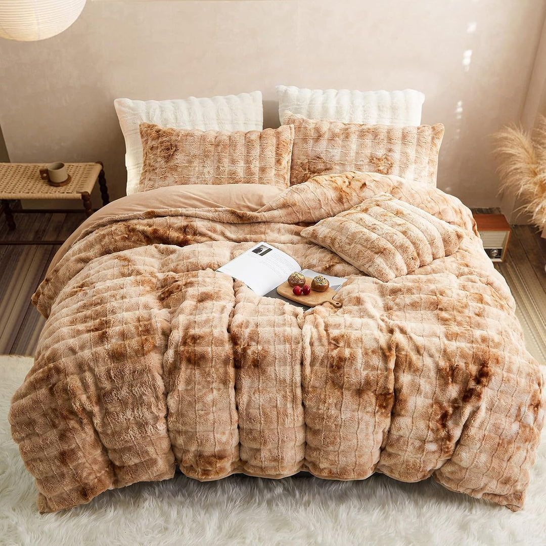 Freyamy Winter Bettwäsche 200x200 3tlg Braun Beige Gestreift,Warm Plüsch Langhaar Flauschig Bettwäsc