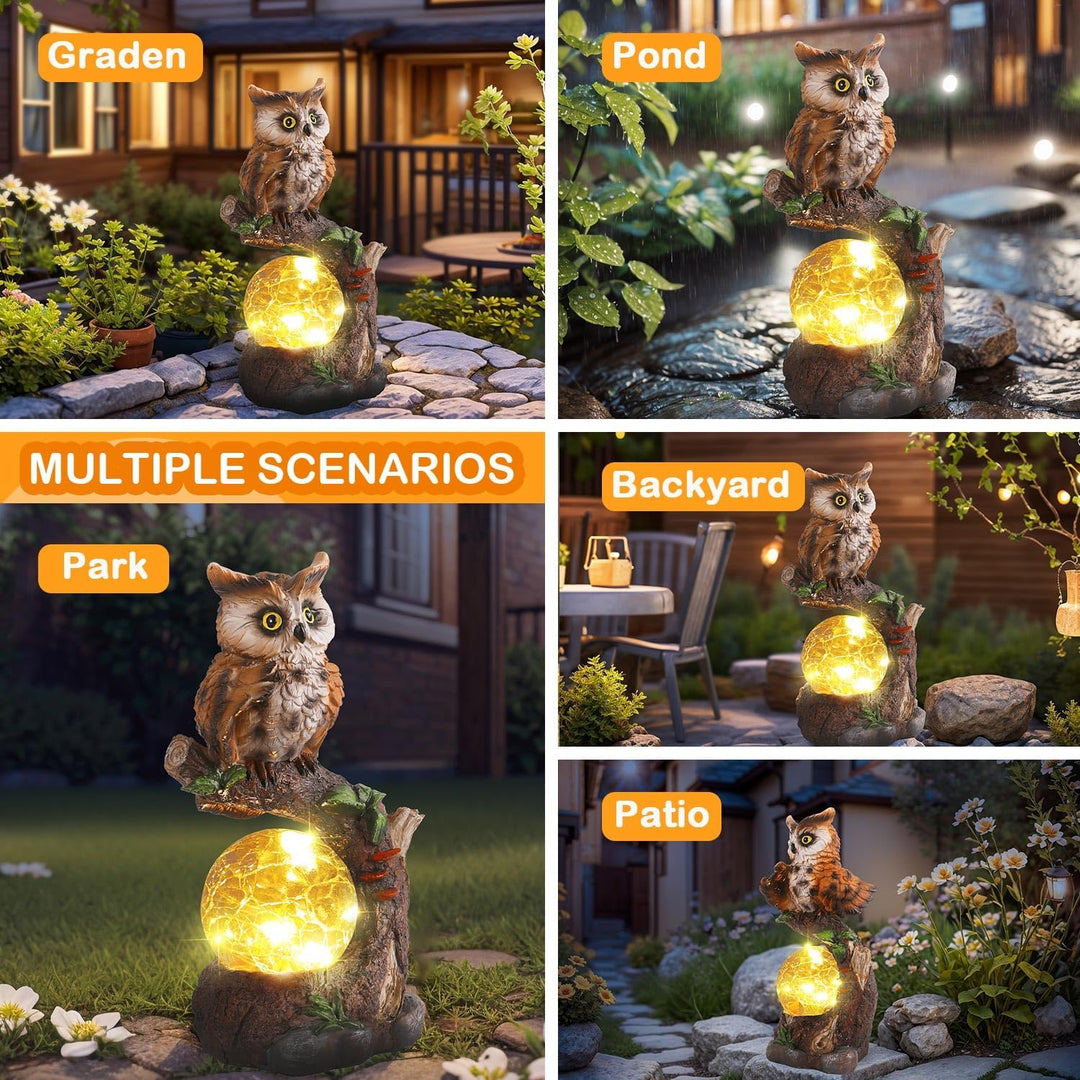 JJALIGHTS Solar-Eulenfigur, Eulen Deko Garten mit Solar Ball wasserdicht für Draussen Balkon Terrass