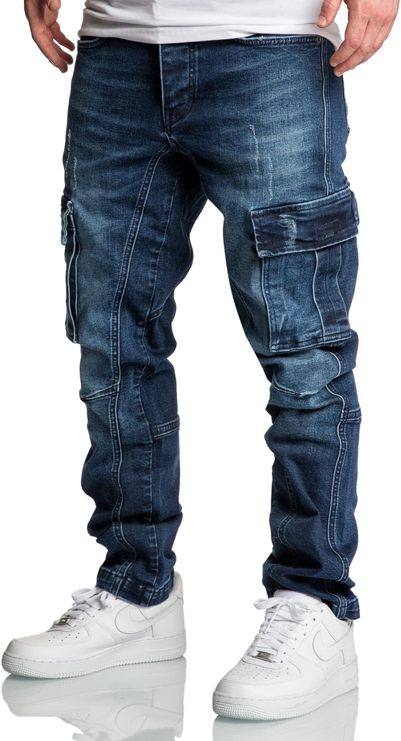 Amaci&Sons Herren Cargo Jeans Regular Slim Denim Hose Destroyed 7977 32W / 34L Dunkelblau, 32W / 34L