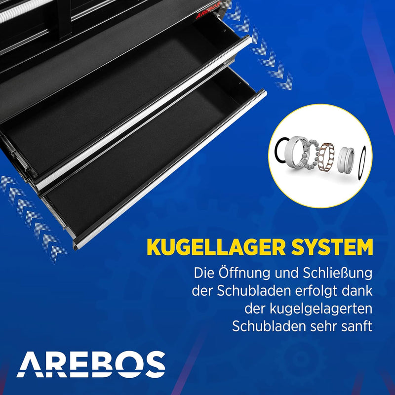 Arebos Werkstattwagen 9 Fächer | inkl. Antirutschmatten | Kofferaufsatz mobil & herausnehmbar | zent