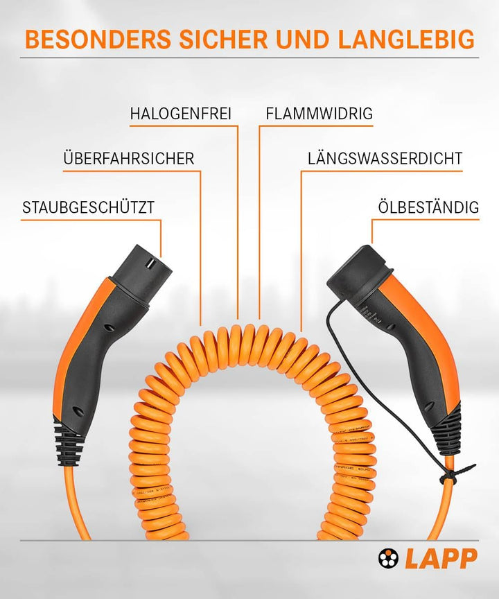 Lapp Mobility Typ 2 Ladekabel 11 KW/Spiralkabel / 20 A / 3-Phasig/E-Auto Ladekabel/Mode 3 / 5m