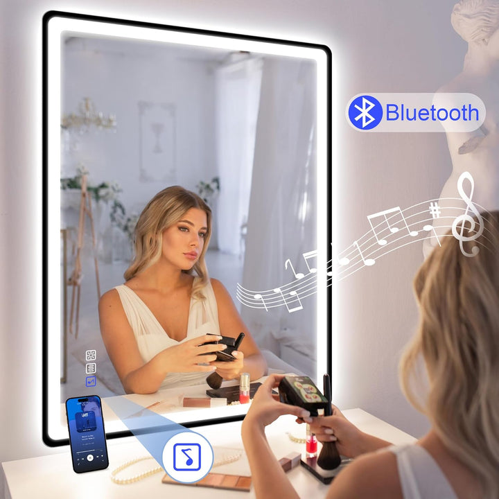 STARLEAD 70x100cm Schwarz LED-Badspiegel-mit-Beleuchtung und Bluetooth, Entfoggen, Dimmbar, 3 Lichtf