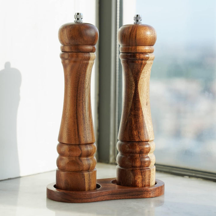 Salz- und Pfeffermühle Set, Gewürzmühlen 2er-Set, Salz und Pfeffer Mühle aus Akazienholz mit Keramik
