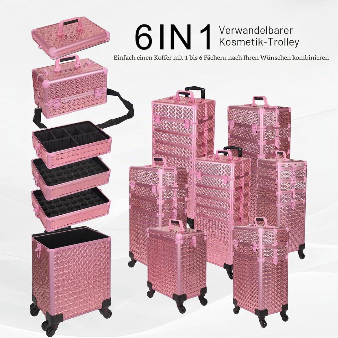 Kosmetikkoffer Trolley, 6-in-1 Schminkkoffer mit Spiegel & Schloss, Grosser Kosmetik Reisekoffer Mak