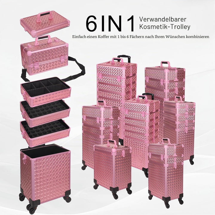 Kosmetikkoffer Trolley, 6-in-1 Schminkkoffer mit Spiegel & Schloss, Grosser Kosmetik Reisekoffer Mak