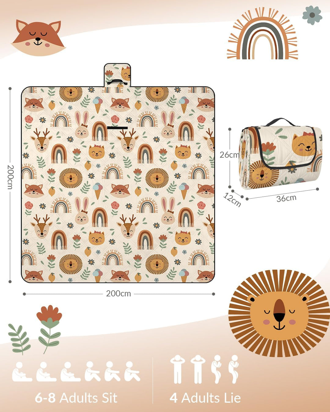Kinder Picknickdecke Wasserdicht Faltbar, 200x200cm Tragbare Strandmatte Tier Maschine Waschbar, Gro