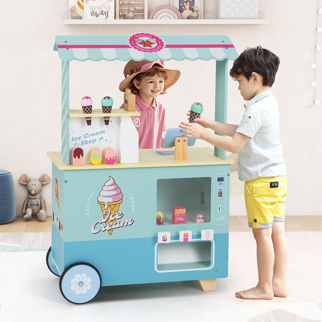 DREAMADE Kinder Eiswagen mit 15 Zubehör, Kaufladen aus Holz mit 2 Rädern &amp; Markise, Eisstand Einkauf