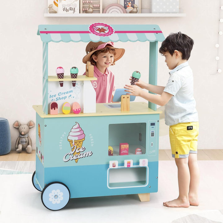 DREAMADE Kinder Eiswagen mit 15 Zubehör, Kaufladen aus Holz mit 2 Rädern &amp; Markise, Eisstand Einkauf