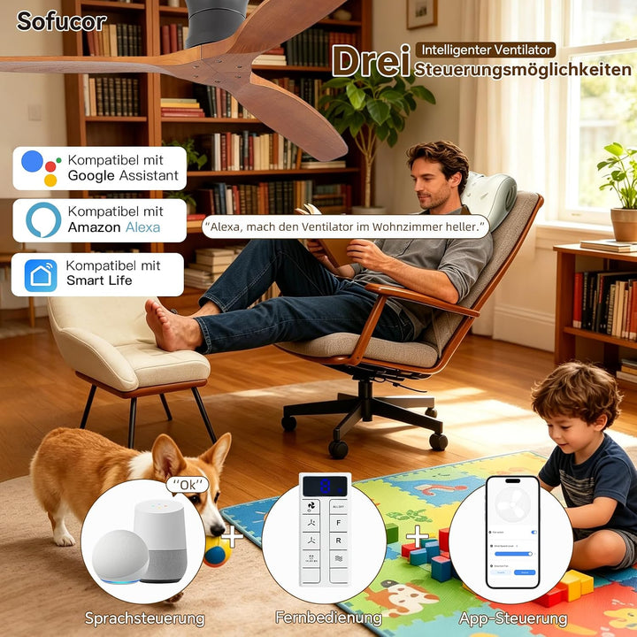 Sofucor Smart Deckenventilator mit Alexa/APP, 132cm Massivholz Deckenventilator mit Fernbedienung, W