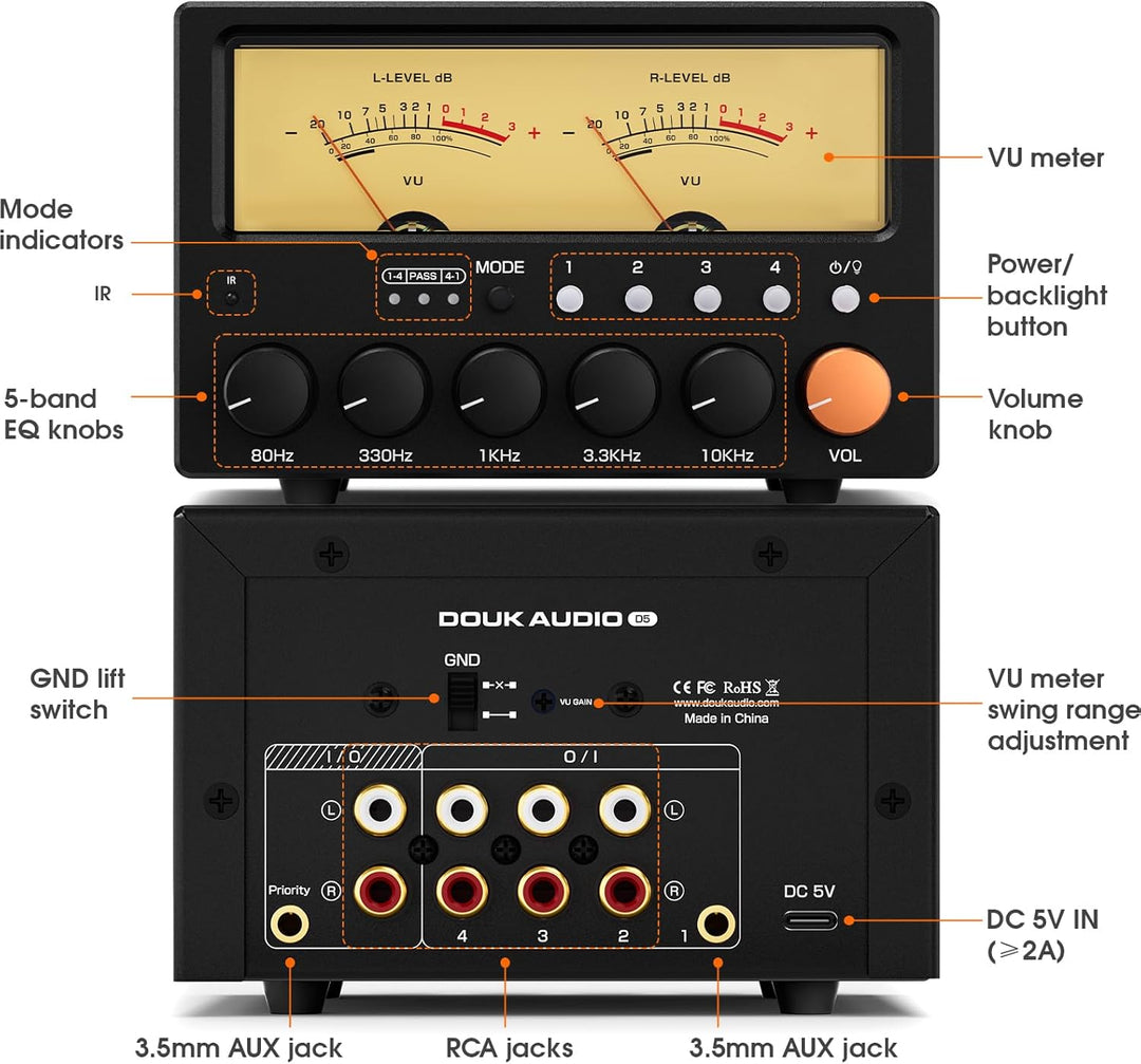 Nobsound D5 4-Wege Audioschalter: 5-Band HiFi Stereo EQ Vorverstärker und Cinch Splitter mit VU-Mete