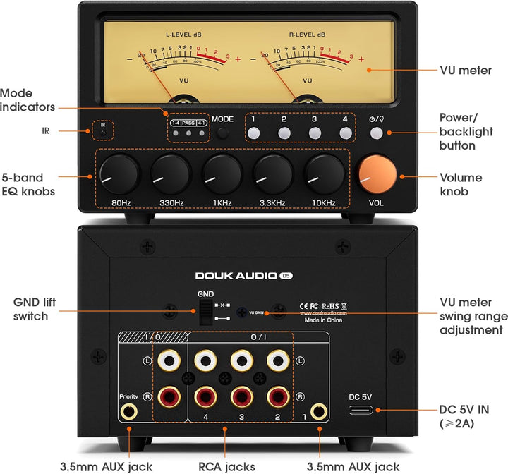 Nobsound D5 4-Wege Audioschalter: 5-Band HiFi Stereo EQ Vorverstärker und Cinch Splitter mit VU-Mete