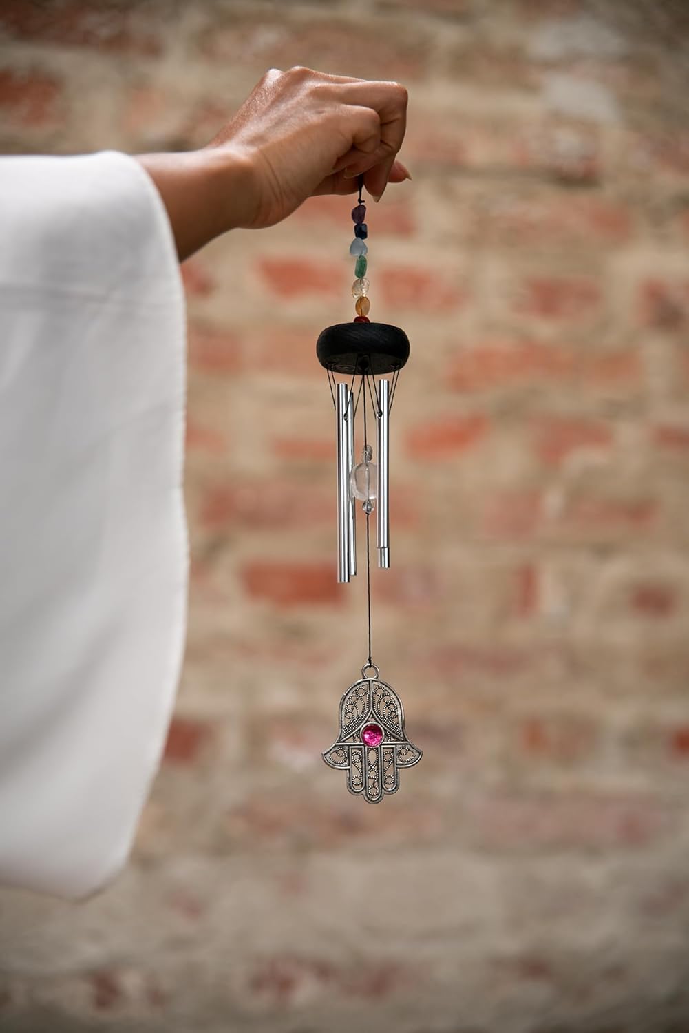Sonic Energy Mini Chakra Chime – 30 cm, Silber, Hamsa – Kleines Windspiel mit Chakrasteinen – Für En