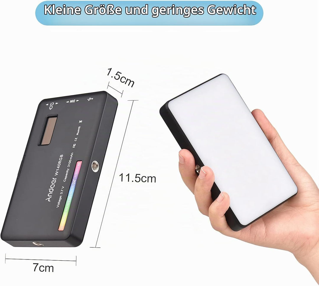 Video Licht RGB, Andoer LED Videoleuchte mit 3100 mAh Akku,Mini Kamera Licht,Dimmbare 2500K-9000K,Wi