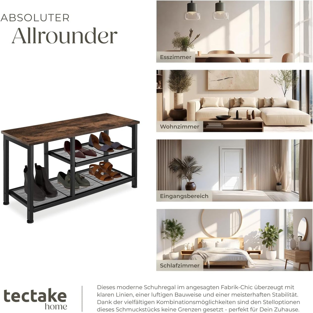 tectake 800949 Schuhregal schmal mit Sitzfläche, Schuhbank aus Holz und Metall, Industrie-Design, 3