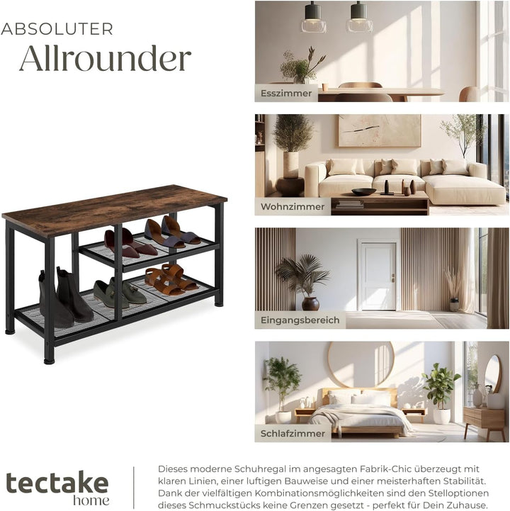 tectake 800949 Schuhregal schmal mit Sitzfläche, Schuhbank aus Holz und Metall, Industrie-Design, 3