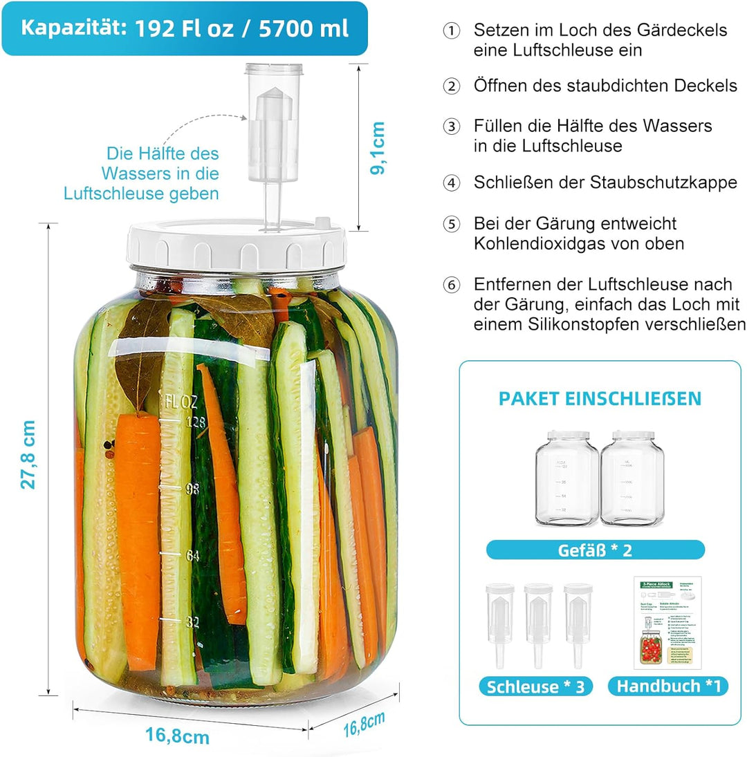 2 Stück Gross Fermentierglas mit Luftschleuse 5,7 Liter - Breiter Mund Fermentiergläser mit Gärventi